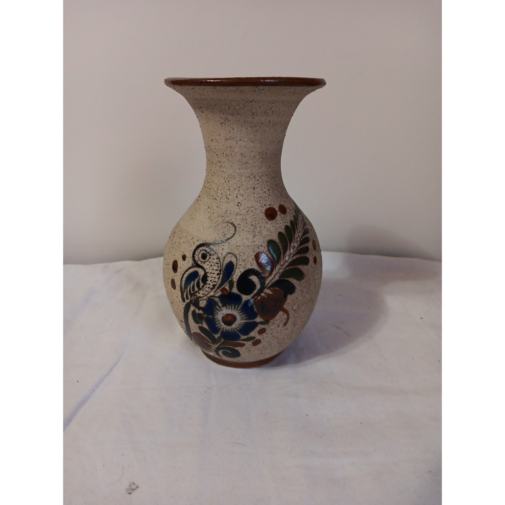 Vtg Sandstone Vase 6 Inch Mexico Hand‎ Painted Blue Bird Floral Art Decor Signed